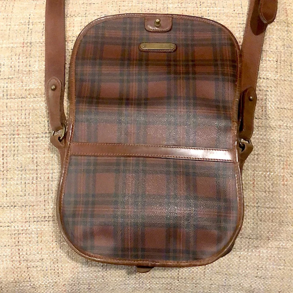 RALPH LAUREN Brown Tartan Plaid Multi Pocket Crossbody Messenger Saddle Bag